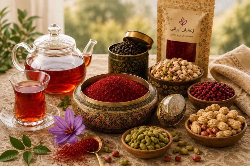 محصولات اصیل ایرانی پرشیا بلوم شامل زعفران، زرشک و پسته